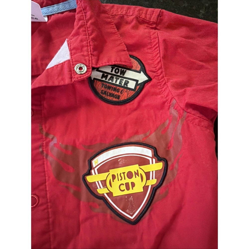 Disney Store Cars ButtonUp Racing Shirt Sz 3 Lightning McQueen Tow Mater Patches - Picture 4 of 6